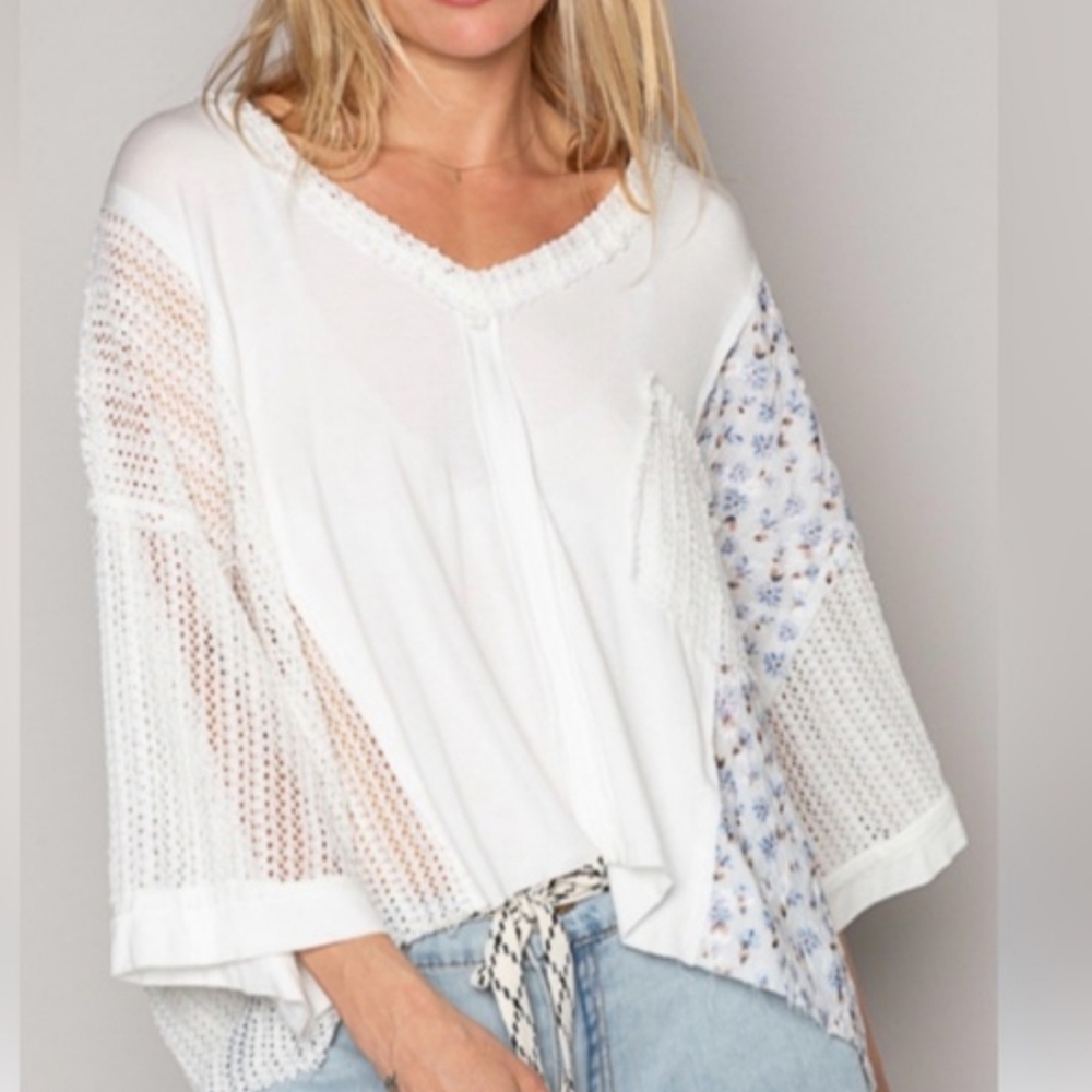 POL White Blue Floral Patchwork Tunic M | Oversized V Neck Boho Crochet Lace Top